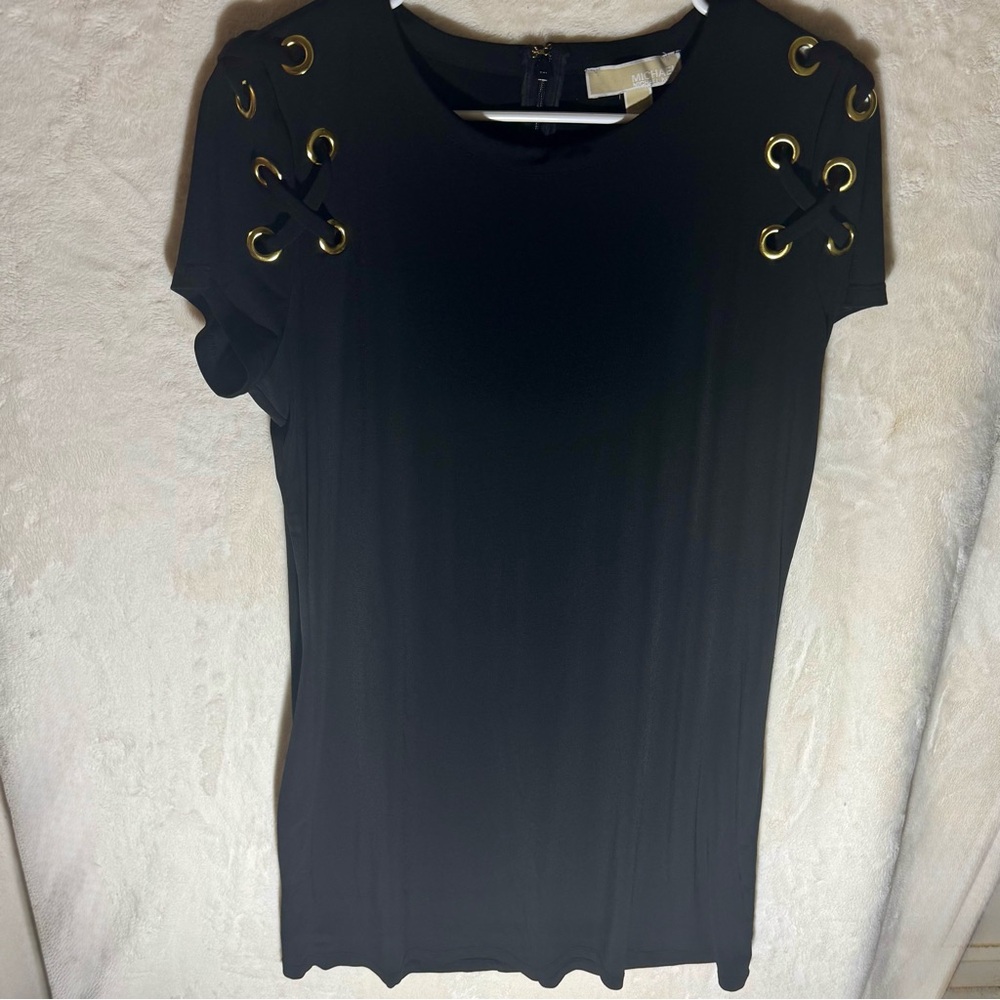 MICHAEL Michael Kors Black Grommet Lace-Up Shoulder Sheath Dress - Size L